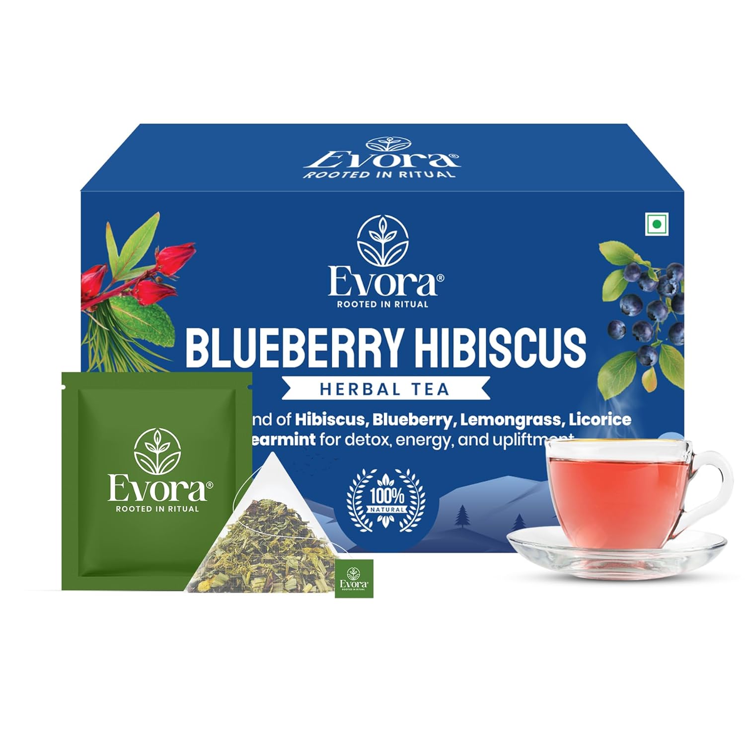 Evora Blueberry Hibiscus Herbal Tea- Fruity Berry Flavor - 30 Pyramid Teabags - Antioxidant-Rich Herbal Infusion - Enjoy Hot or Iced