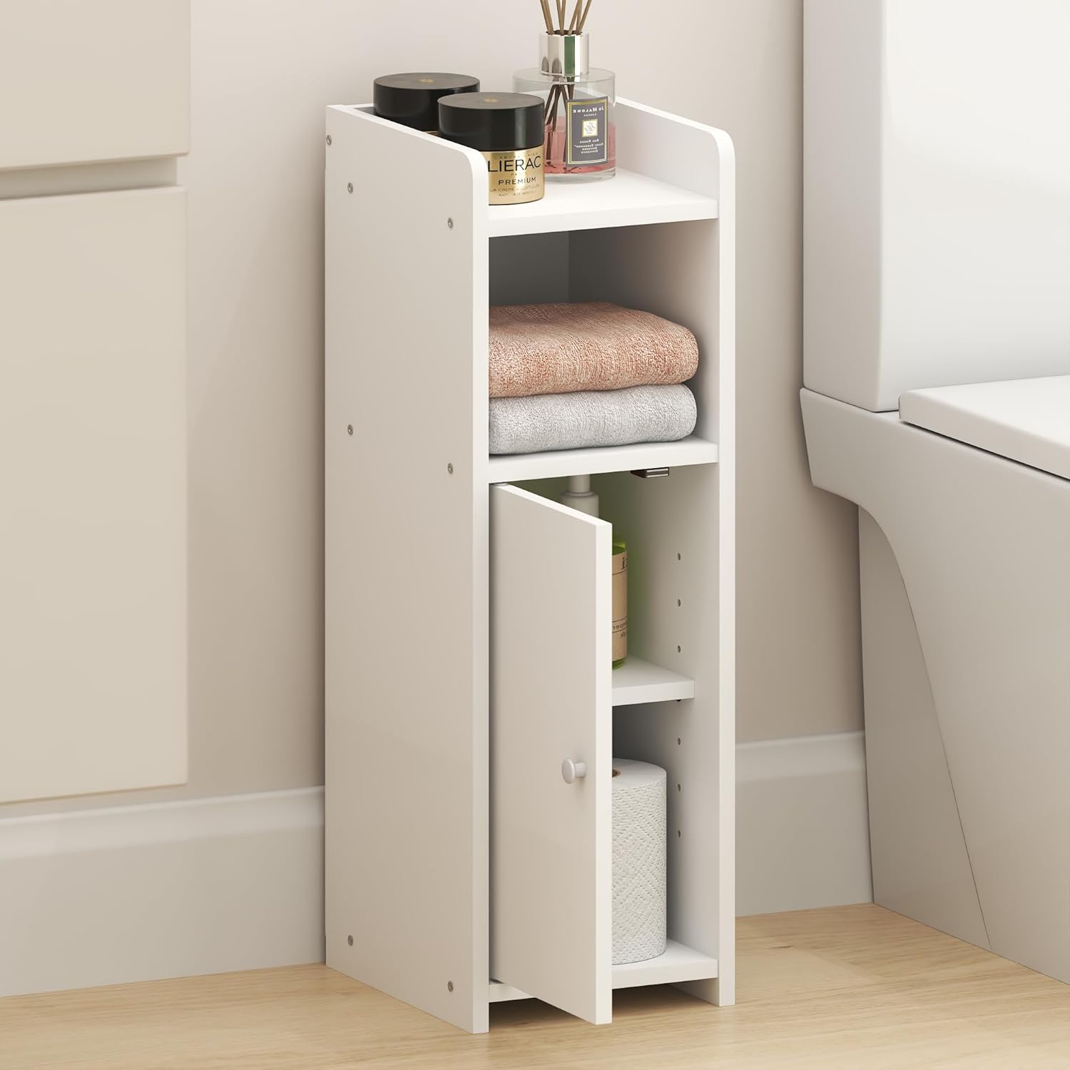 Furinno Fulda Bathroom Storage Cabinet, 4-Tier Bathroom Cabinet, Narrow Cabinet with Door and Adjustable Shelves, 24H, for Small Spaces, Bathroom, Living Room, Entryway, White