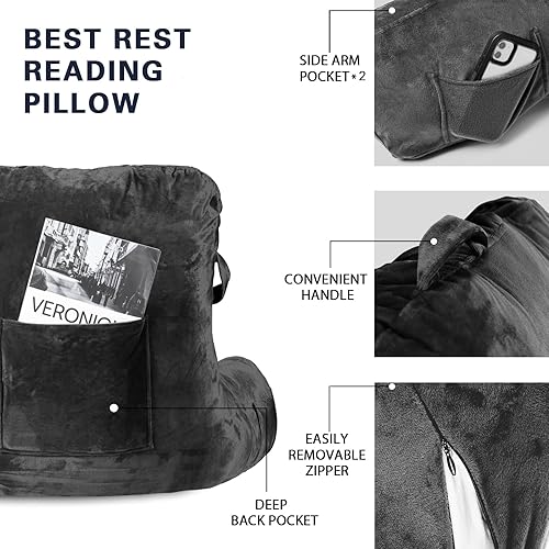 Miniatura 5 de Almohada de lectura estándar para sentarse en la cama, sofá o suelo, respaldo con brazos y bolsillos, almohada de respaldo para adultos para