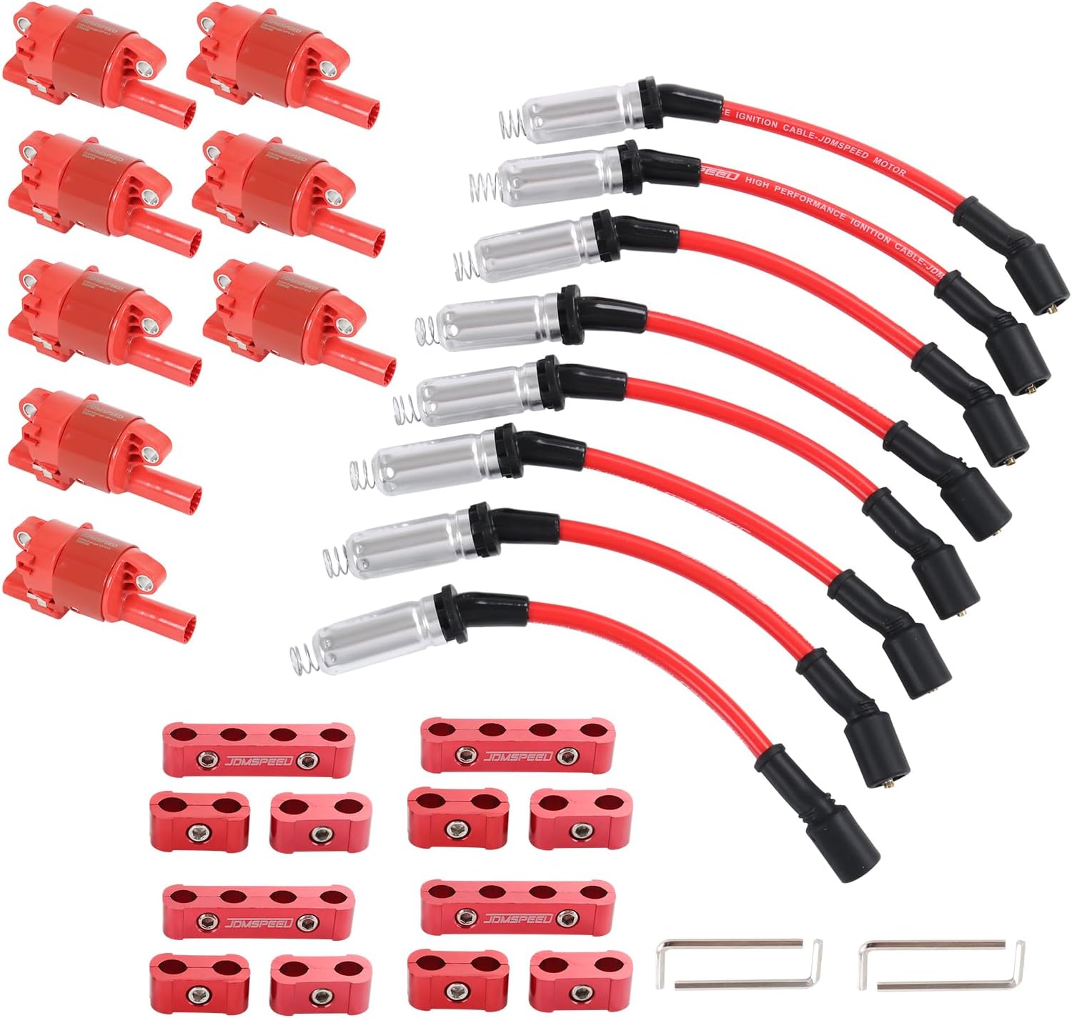 Set of 8 Ignition Coil Pack Round Type + Set of 8 8mm Spark Plug Wire Harness High Voltage Energy Compatible with Chevrolet GMC Cadillac Replace# UF414, D514A, C1512