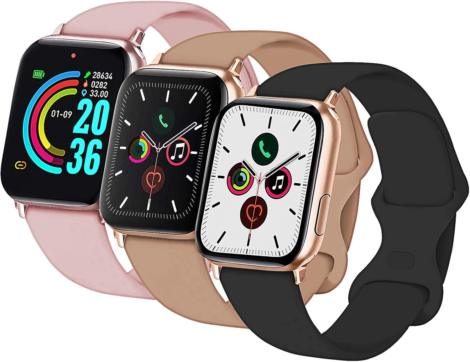 Idon 3-Pack Sport Band Compatible for Watch Band 38MM 40MM S/M, Soft Silicone Sport Bands Replacement Strap Compatible with Watch Series 5/4/3/2/1, Black/Walnut/Pink Sand