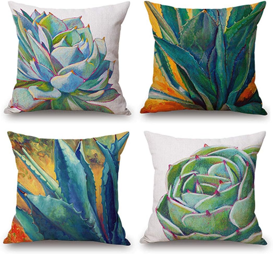 JES&MEDIS Green Plants Succulents Pattern Linen Cotton Square Throw Pillow Case Home Decorative Pillowcase Cushion Cover for Sofa Bed,18" x 18",4 PCS Set