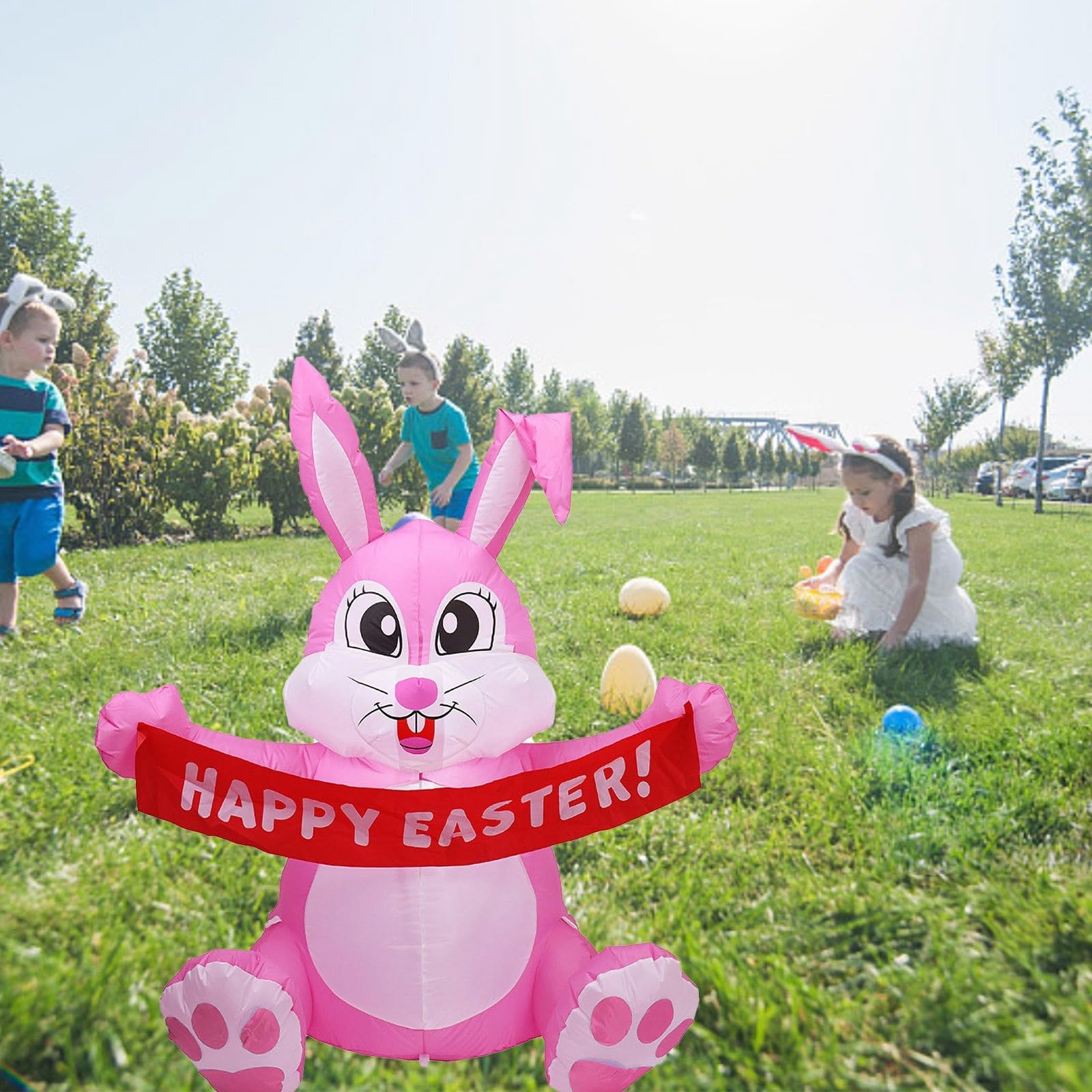 Generisch Niedlicher aufblasbarer Osterhase mit Banner, riesiger rosa Hase für Urlaub, Party, Innen- und Außenbereich, 1,5 m