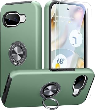 AOUIA for Google Pixel 10A Case with 2-Pack Screen Protector, 3-in-1 Set Cover, 360 Rotating Metal Ring Stand Anti-Scratch Shockproof Phone Case for Google Pixel 10A 6.2", Green