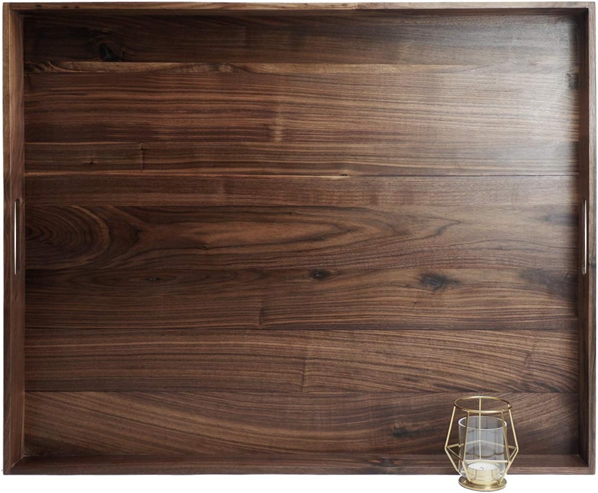 MAGIGO 30 x 24 Inches Extra Large Rectangle Black Walnut Wood Ottoman Tray with Handles, Serve Tea, Coffee Classic Wooden Decorative Serving Tray