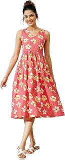 Janasya Women's Pink Pure Cotton Floral Printed A-line Dress