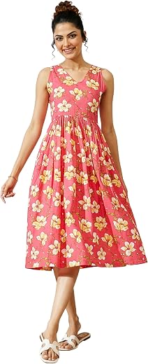 Janasya Women's Pink Pure Cotton Floral Printed A-line Dress