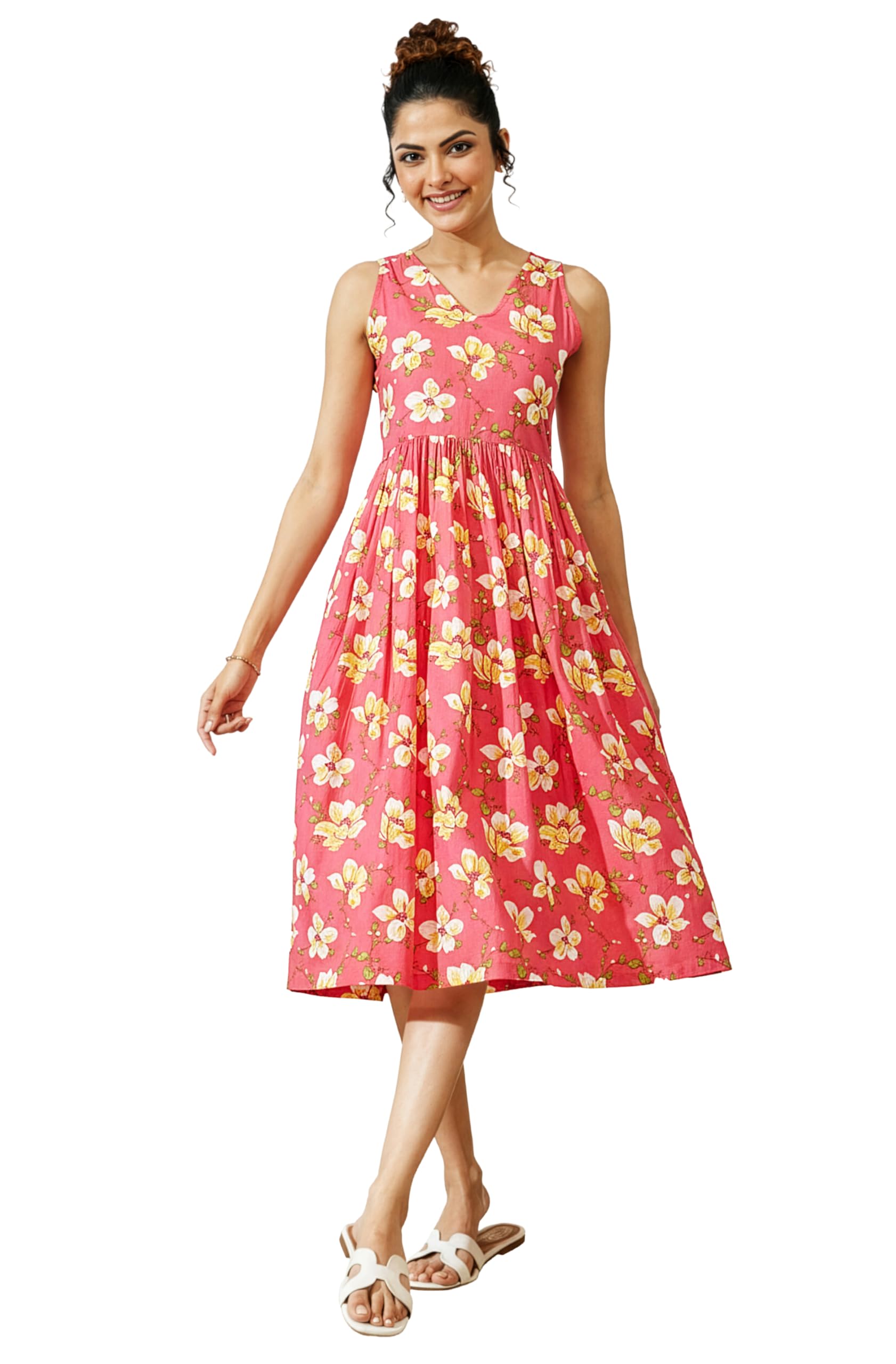 janasya Women's Pink Pure Cotton Floral Printed A-line Dress-picture-50
