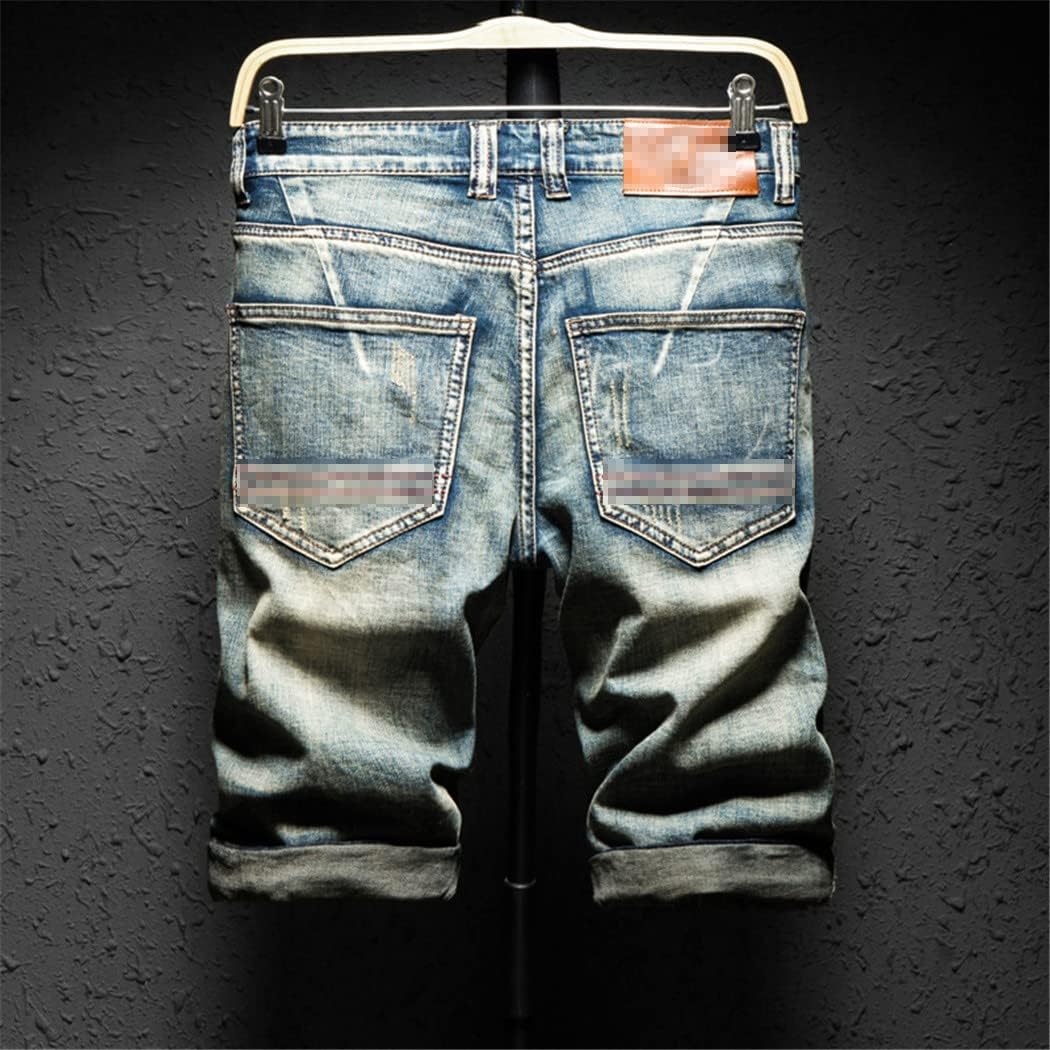 KEHAIOO Men's Hole Denim Shorts Summer Retro Ripped Slim Street Hip Hop Short Jeans Youth Slim Knee-Length Pants