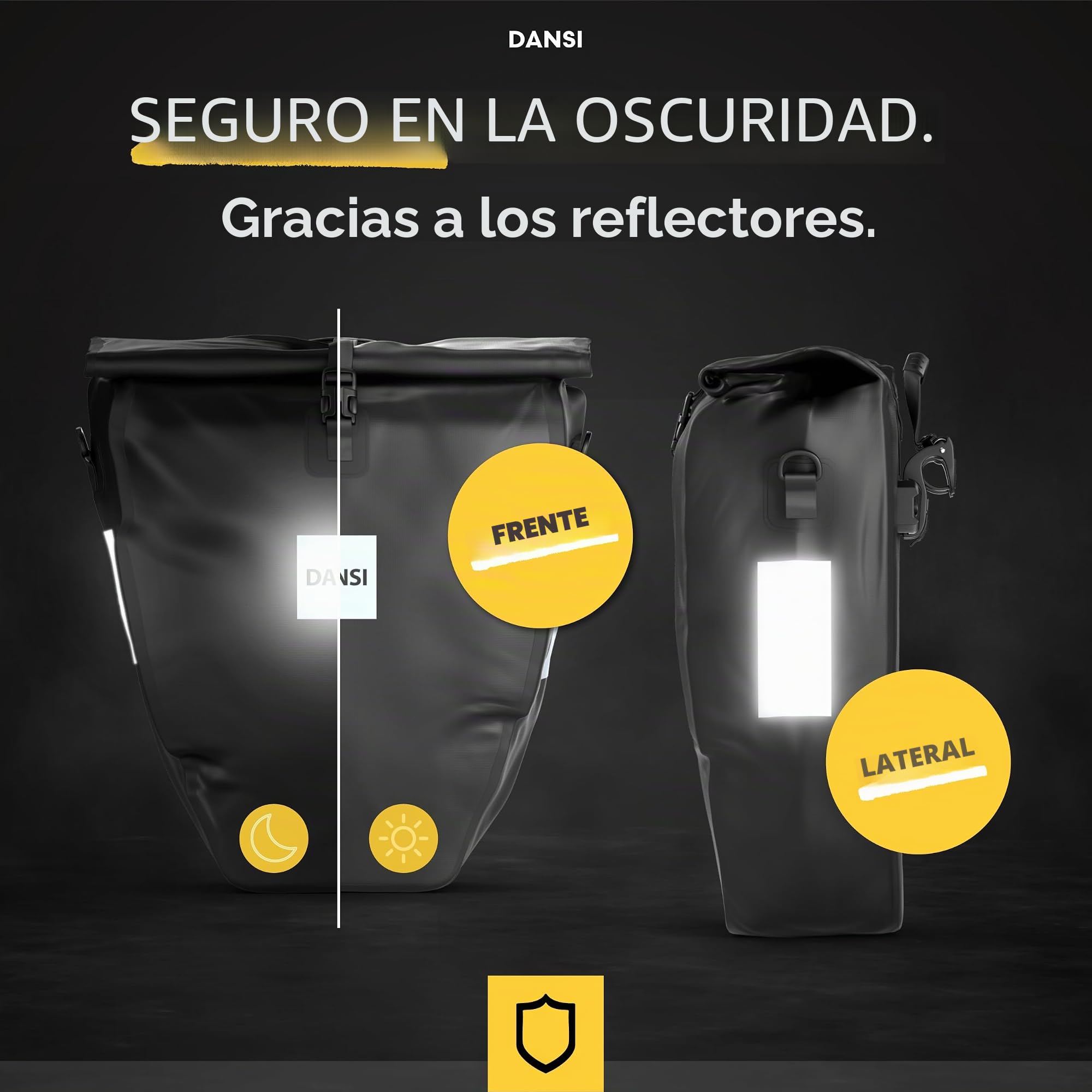 Dansi Bolsas de Bicicleta de 20 l para portaequipajes, con Correa para el Hombro y asa, Bolsa de Bicicleta 100% Impermeable con reflectores y Sistema de Clic, Negra (Lote de 1)