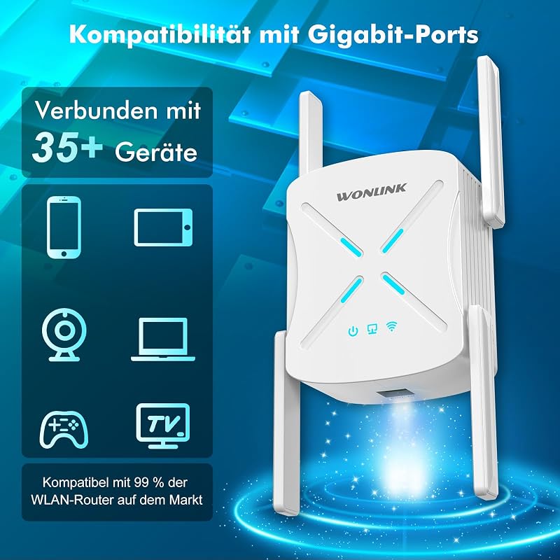 WONLINK WiFi6 1800Mbps Dual Band Wireless Repeater 4 Antenna Ethernet EU