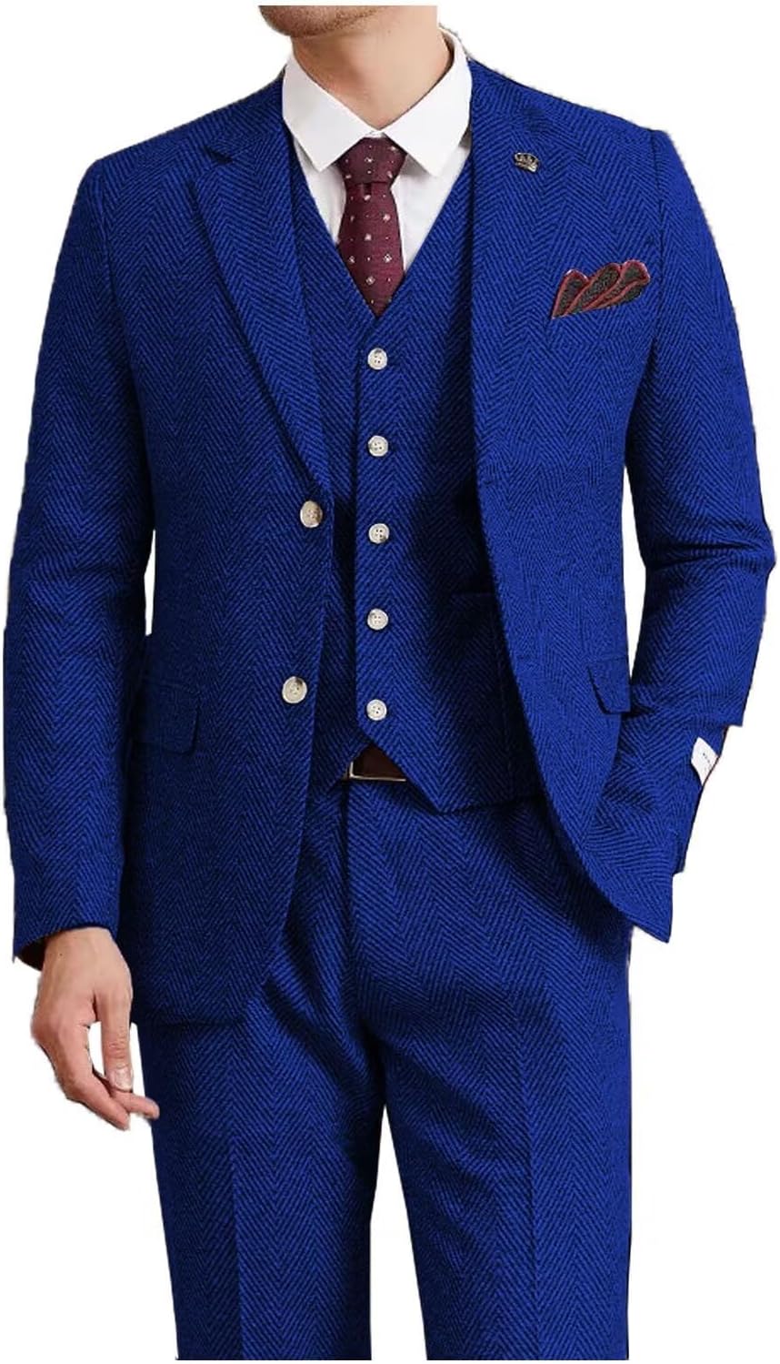 Mens Tweed Suit Herringbone 3 Piece Wedding Suit Vintage Tuxedo Peak Lapel Single Breasted Prom Blazer Vest Pants