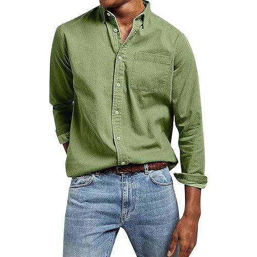 Men's Casual Long Sleeve Button Down, Vintage Washed Lapel Dress Shirt, Wrinkle Free Stylish Tops with Chest Pocket