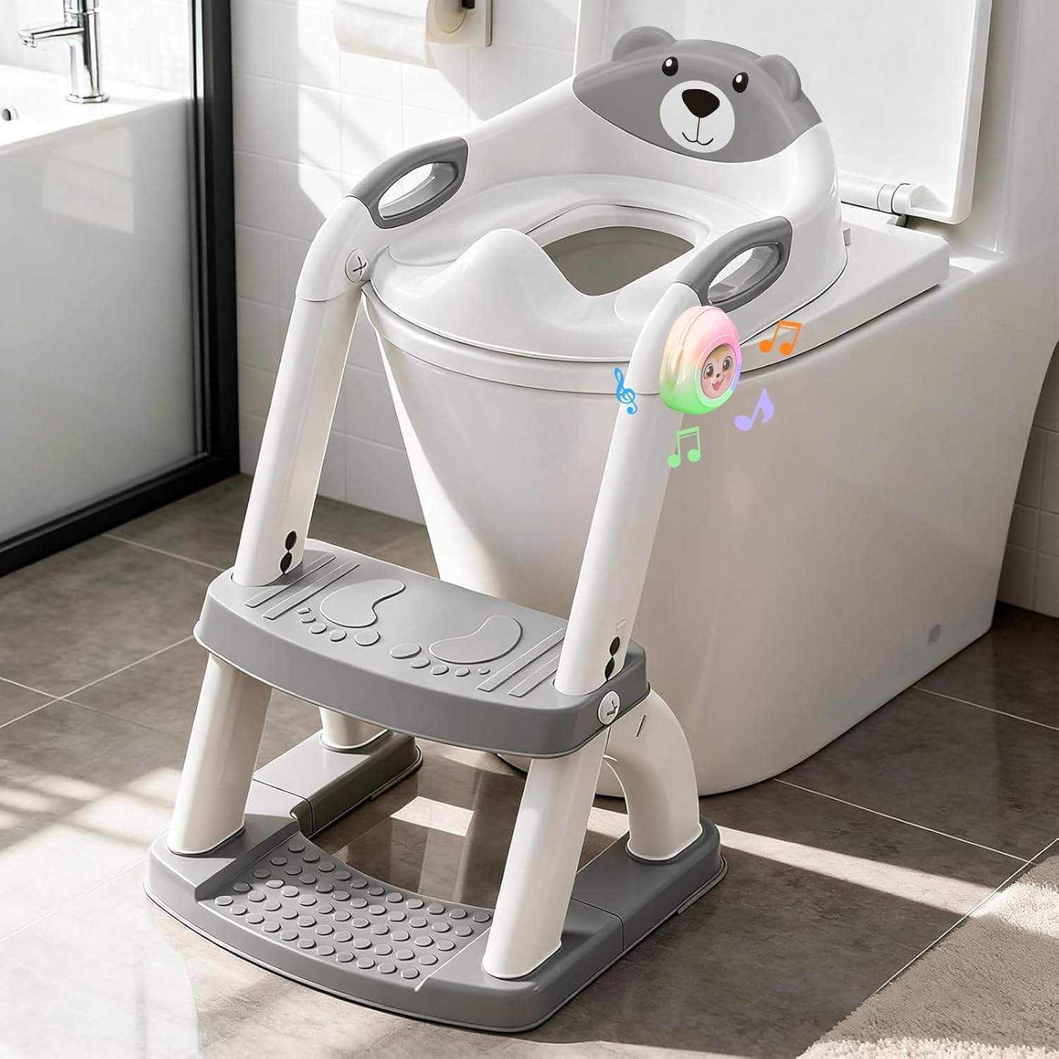 Potty Training Seat, SKYROKU Upgrade Toddler Toilet Seat for Kids Boys Girls,2 in 1 Potty Training Toilet,Splash Guard Anti-Slip Pad Step Stool,New Sector-Shape Stabilized (8898Music-Grey, Classic)