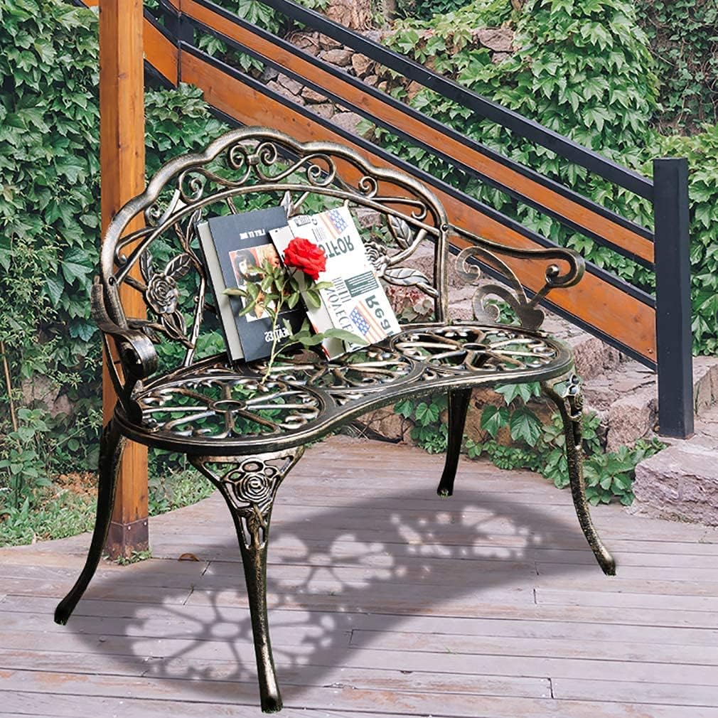Metal Outdoor Bench Garden Bench Patio Park Bench Porch Bench with Armrests Floral Rose Accent for Indoor/Outdoor Garden Patio Porch,Bronze
