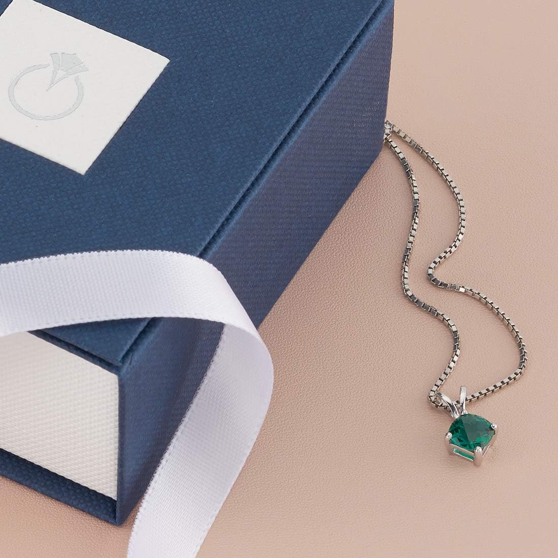 PEORA Solid 14K White Gold Created Emerald Pendant for Women, Classic Solitaire, Hypoallergenic Cushion Cut, 6mm, Green Emerald Jewelry, May Birthstone, For Jewelry Gift & Everyday Wear