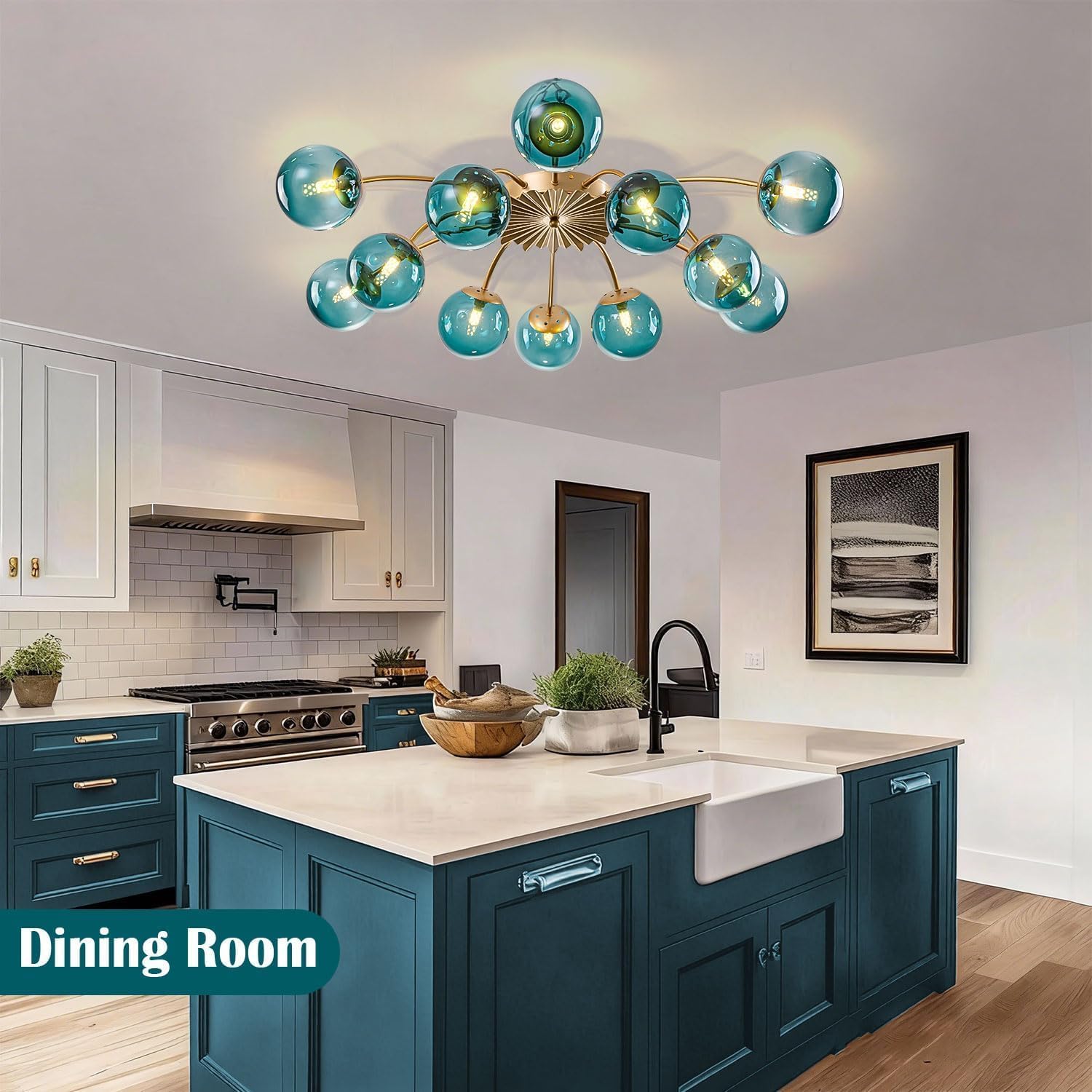 ​12-Light Sputnik Bubble Chandelier Light Fixture,40" Modern Semi-Flush Chandelier Light with Glass Globes, Bubble Lighting Fixture for Living Room, Dining Room, Entryway (Blue, 12-Lt)