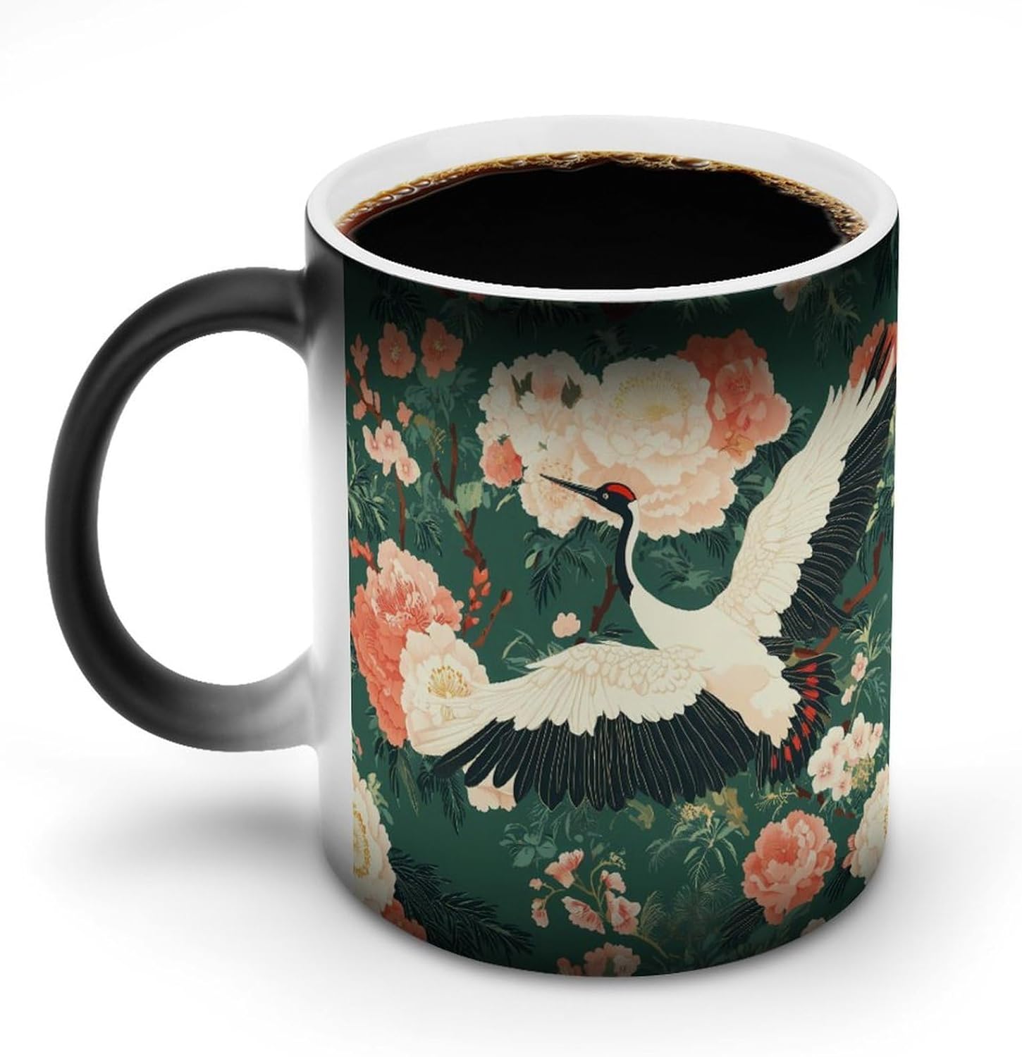 Traditional Crane Peony Flowers Color Changing Mug Heated Ceramic Cup Heat Sensitive Coffee Mug Fun Gift