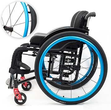 Folding All-Terrain Ultra Lightweight Sports Wheelchair Adjustable Footrest and Seat Height, Handbrakes Quick Release Rear Wheels & Anti-Tip Wheels Suitable for Adults, Disabled, ElderlyBlue,Seat wid