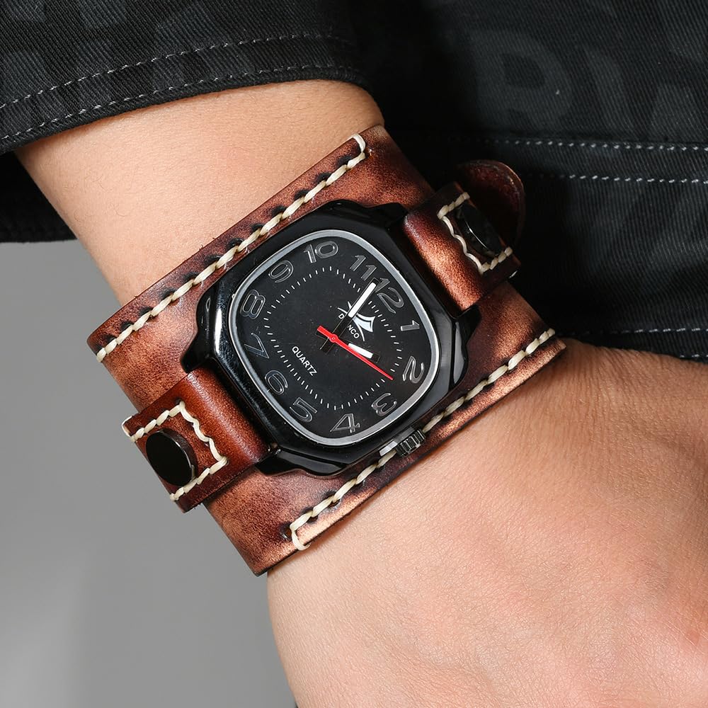 MINILUJIA Reloj para hombre hecho a mano con cuerda de cera cosida, vintage, punk, hip-hop, gótico, ancho, cuero suave, reloj Suqare de cuarzo, esfera grande
