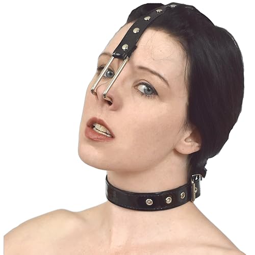 Fetisch Metall Nasenhaken und Halsband am Kopfgeschirr - verschließbarer Kopf Harness aus Kunstleder - Bondage Nose Hook - Sklaven BDSM Fessel Sexspielzeug