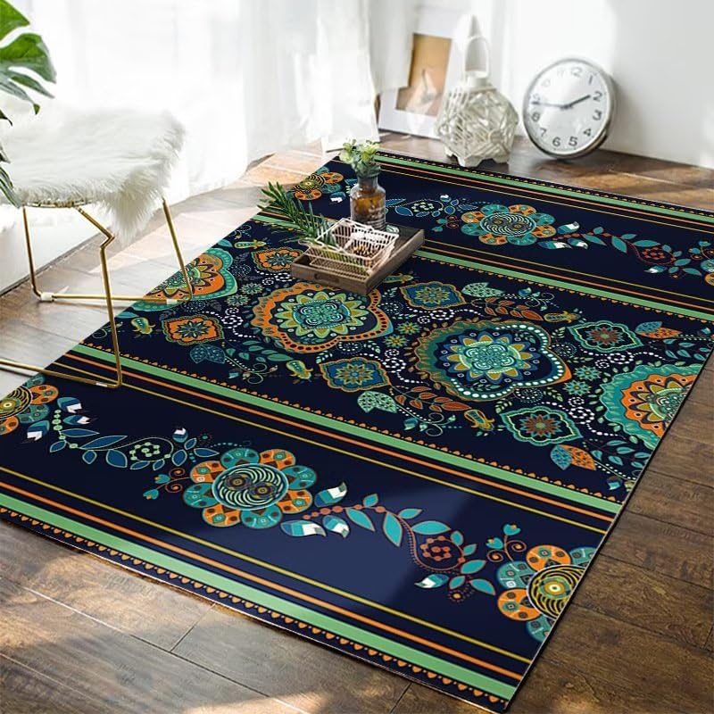 Tapis de salon lavable bleu vert rayé 80x160 cm motif floral pour chambre
