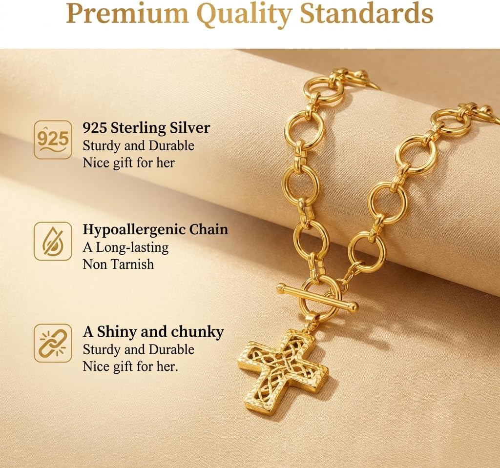 Chunky Cross Necklace for Women, 925 Sterling Silver Chunky Necklace Cross Pendant, Big Cross Statement Necklaces, Statement Jewelry for Daily Wear, Parties, Gifts(Gold)