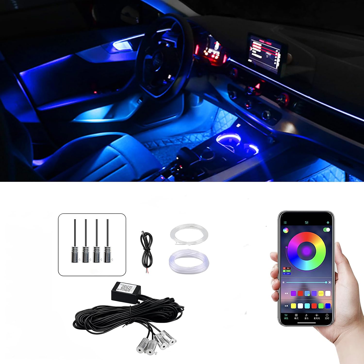 Car LED Interior Lights Strip with APP Control, RGB Interior Car LED Lights Strip, Ambient Lighting Kit with 236 Inches Fiber Optic, Music Mode Sound Active Cars Atmosphere Lights Neon Lights