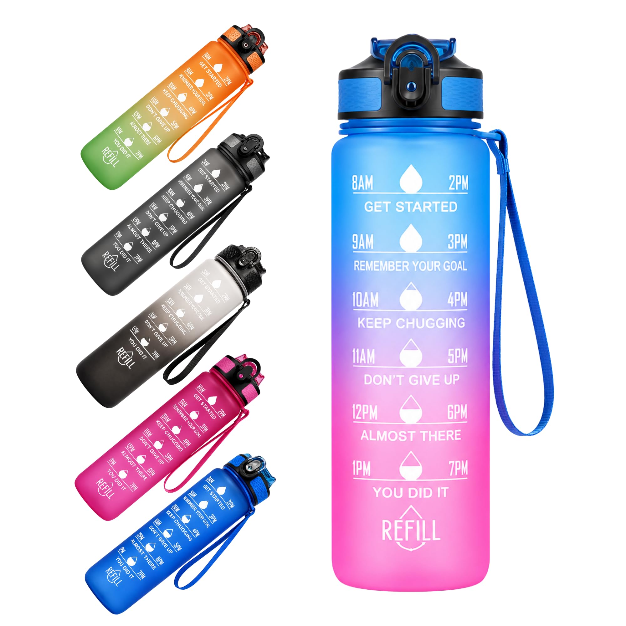 Altruva 1000ml BPA-Free Water Bottle with Straw & Time Markers | Leakproof Reusable Hydration Bottle with Measurements | Sports & School Water Bottle for Daily Use (Aqua Purple)
