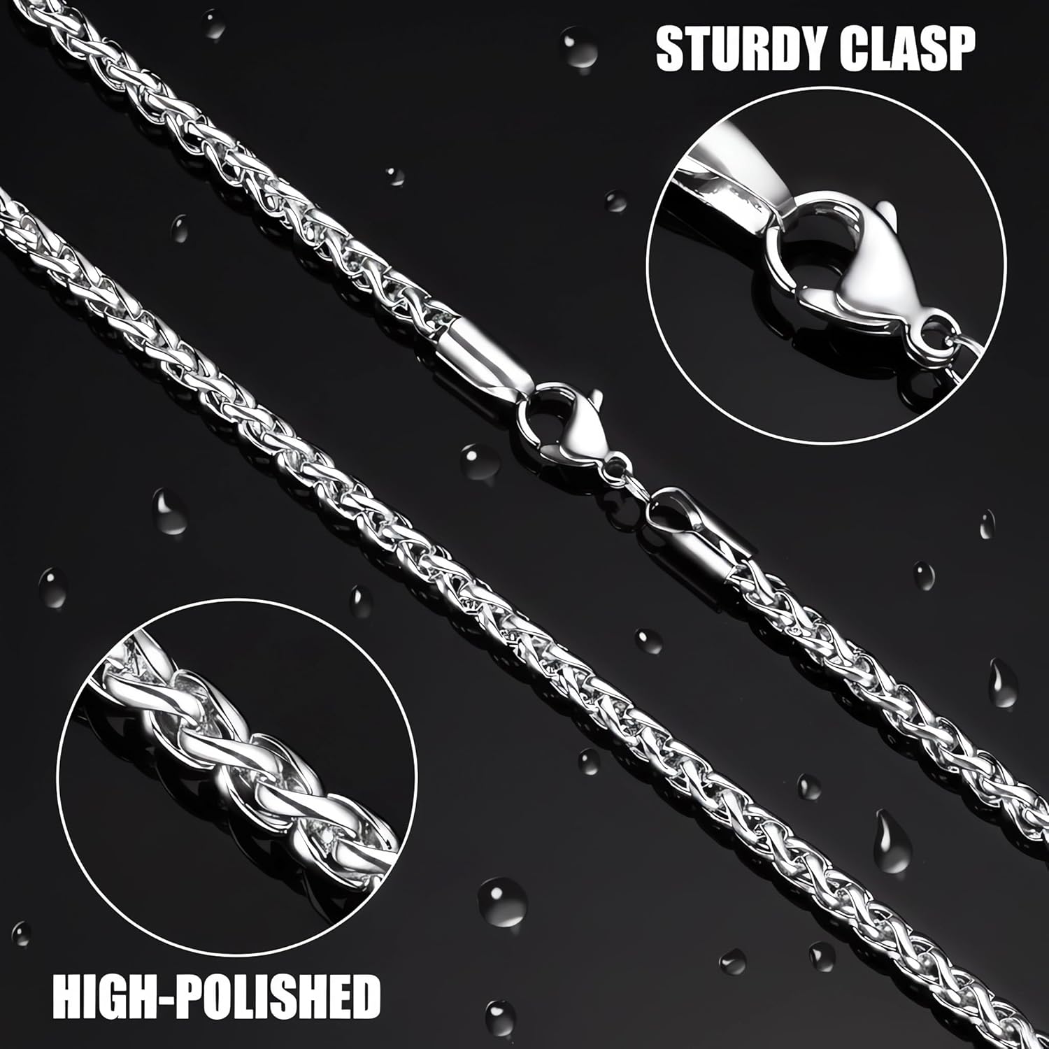 Fiusem Wheat Chains for Men and Women, 2/2.5/3/4/5mm Silver Tone/14K Gold Plated/Black Necklace Chain, Stainless Steel Mens Necklace 16-28 Inch - Image 7