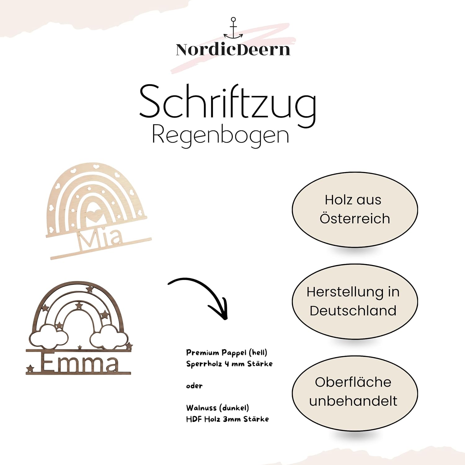 Generisch NordicDeern Wooden Door Sign, Name Plate, Animal, Personalised for Baby Room, Wall Mural, Decoration with Wooden Name, Horse Animals (Rainbow Stars)