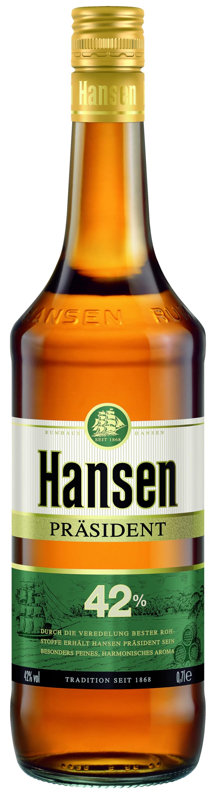 Hansen Rum | Hansen Präsident | Premium-Spirituose mit Jamaica-Destillaten | Vollmundiger Geschmack und feinblumiges Aroma | Gereift in Eichenfässern | 0,7L | 42% Vol.
