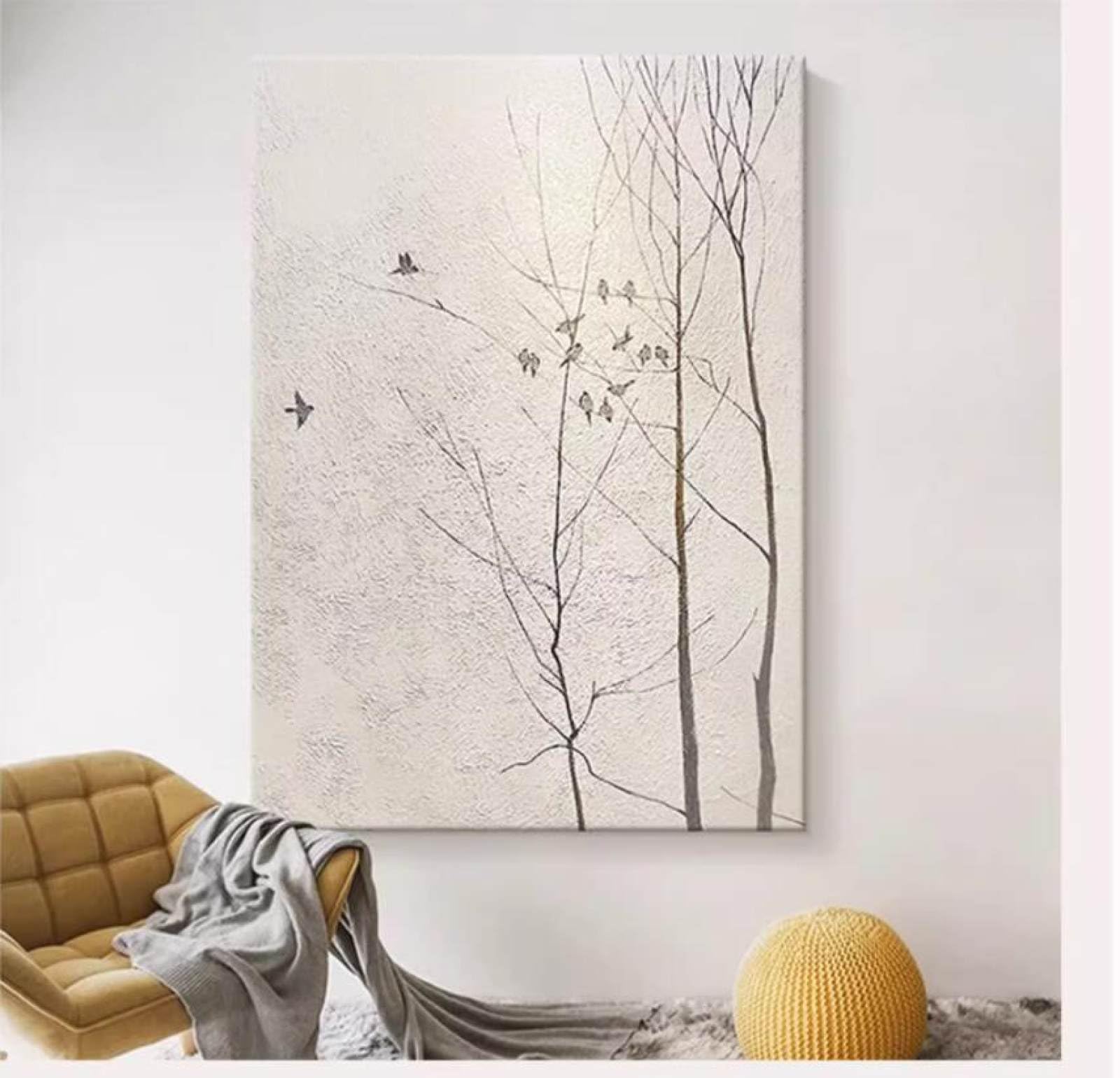 Peinture à l'huile sur toile grand format oiseau de style crème fait main