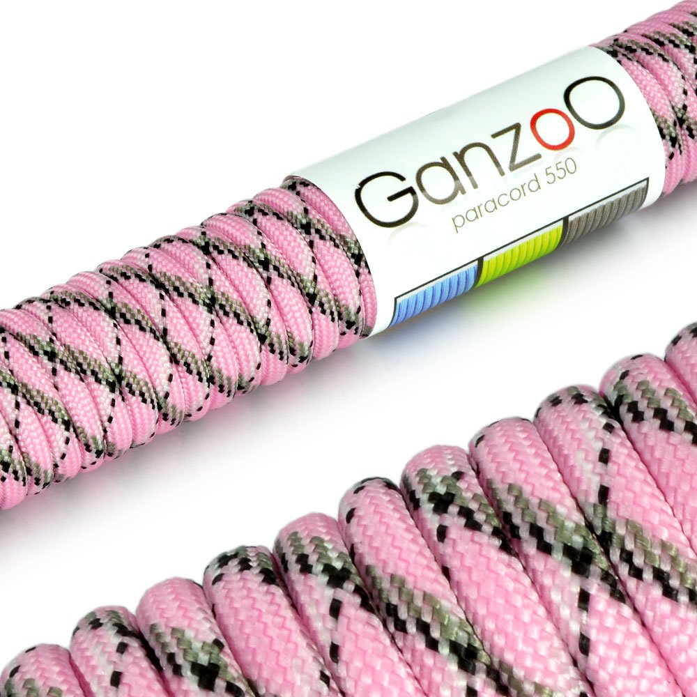 Ganzoo Paracord 550 linka outdoorowa 4 mm typ 3, 30 m, 7 rdzeni, nylon/poliester, różowo-czarna, uniwersalna do kempingu i survivalu, smycz i obroża psa, plecenie bransoletek, zastosowania terenowe