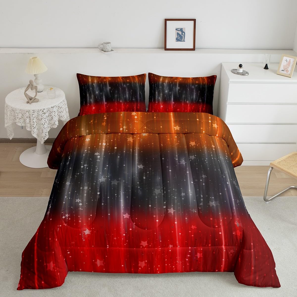 Black Orange and Red Queen Comforter Set 7pcs Abstract Glowing Gradient Bedding Comforter Sets for Boys, Aesthetic Ombre Bed in a Bag Modern Neon Lights Bedding Set, Psychedelic Stars Bed Sheets Set