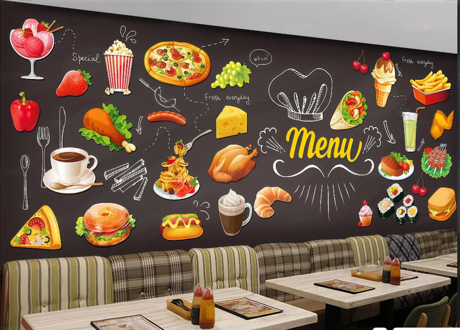 rskjdghshd Wallpaper Retro Hand-Painted Food Cartoon Burger Pizza Fast Food Restaurant Afternoon Tea Background Wall Western Restaurant Wallpaper Cafe Mural,3D,300x210cm