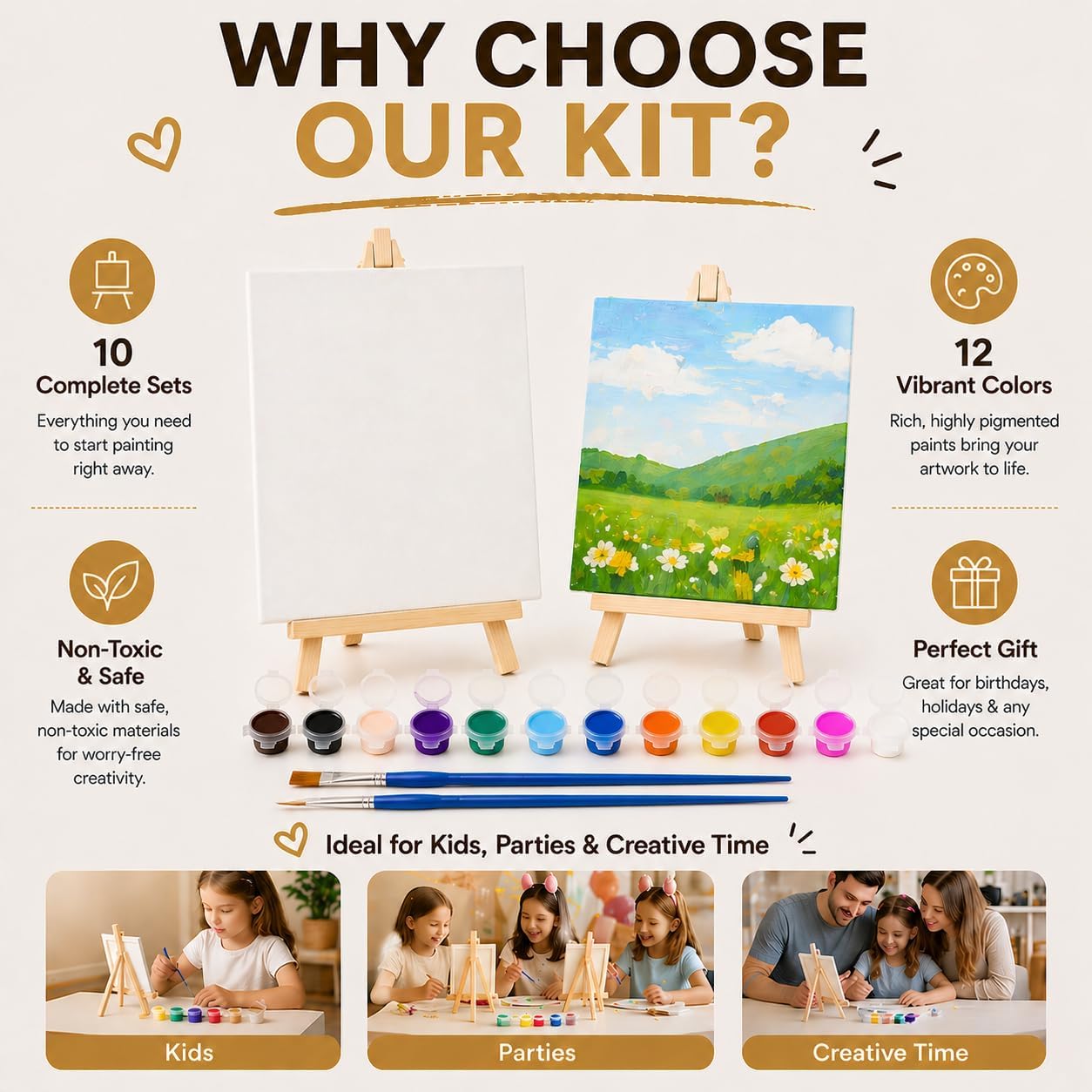 10 Set Mini Acrylic Paint Kit, Mini Canvas with Wooden Easels Acrylic Paints Strips, Minis Easel with Canvases for Kids Adults Classroom Birthday Painting Party (6 x 6Inch)