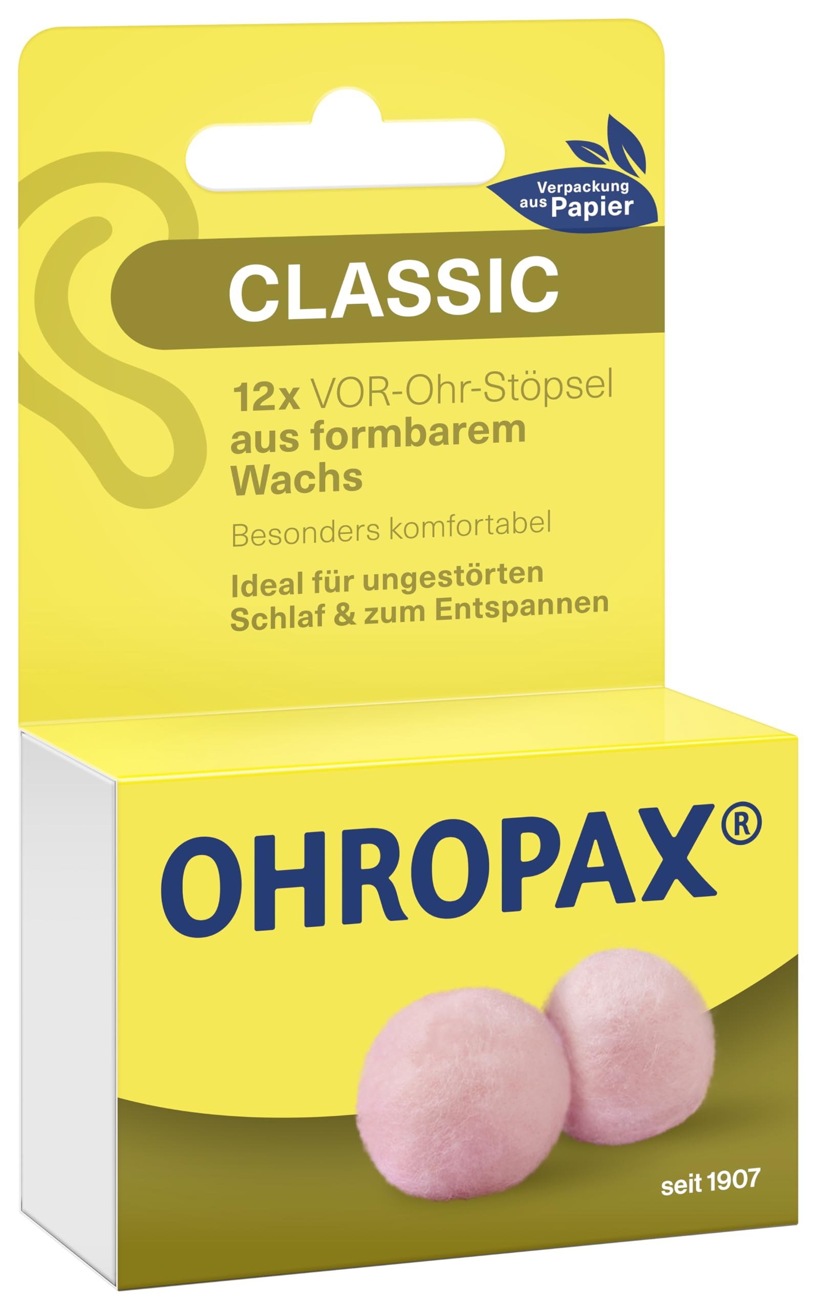 OHROPAX Classic Ohrstöpsel – formbare Wachsstöpsel, 12 Stück