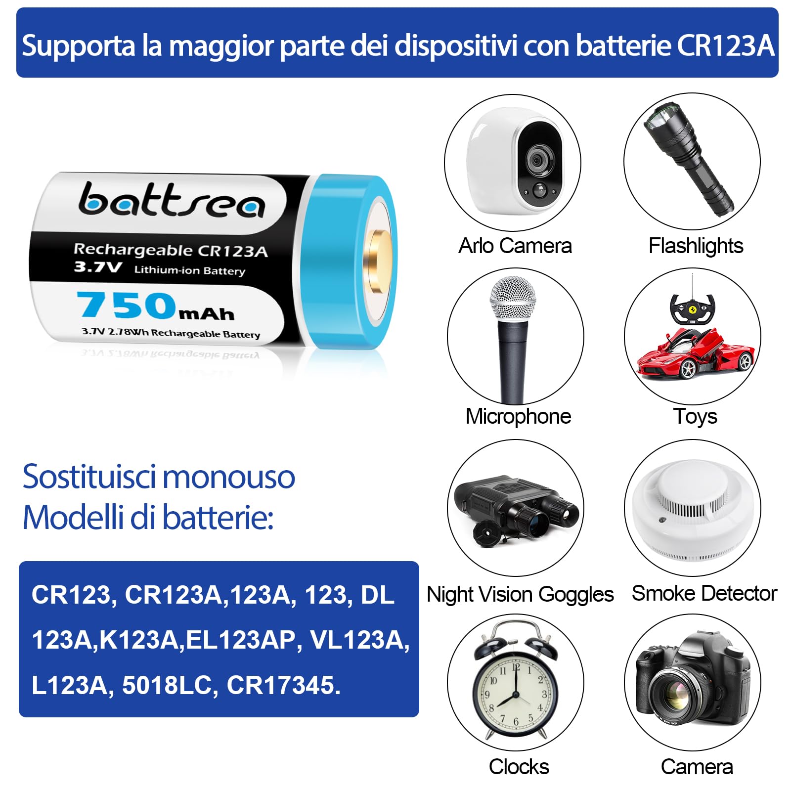 Battsea Batteria Ricaricabile 123A 3,7V 750mAh – Confezione Da 4 Con Caricatore Rapido, Per Arlo, Torce, Rivelatori Di Fumo, Microfoni - 2