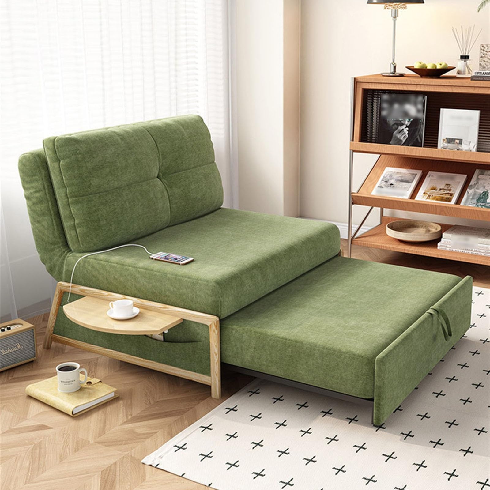 rozkładana sofa Składana sofa, rozkładana sofa z regulowanym oparciem i ukrytym stolikiem bocznym do salonu, małej przestrzeni Salon