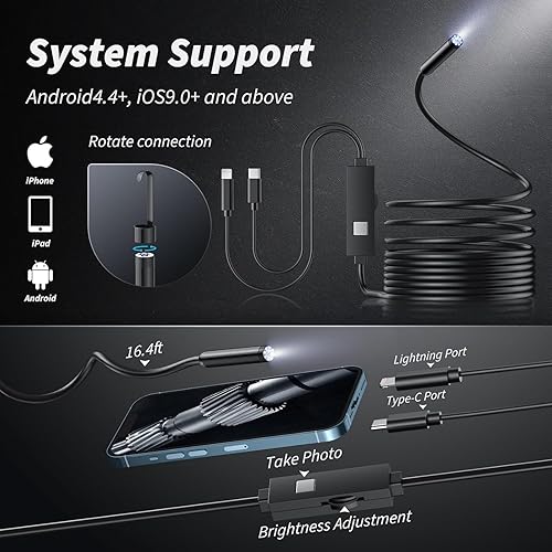 Miniatura 20 de Cámara endoscopio con luz, herramientas de boroscopio HD 1920P con 8 luces LED ajustables, endoscopio con cámara de serpiente semirrígida