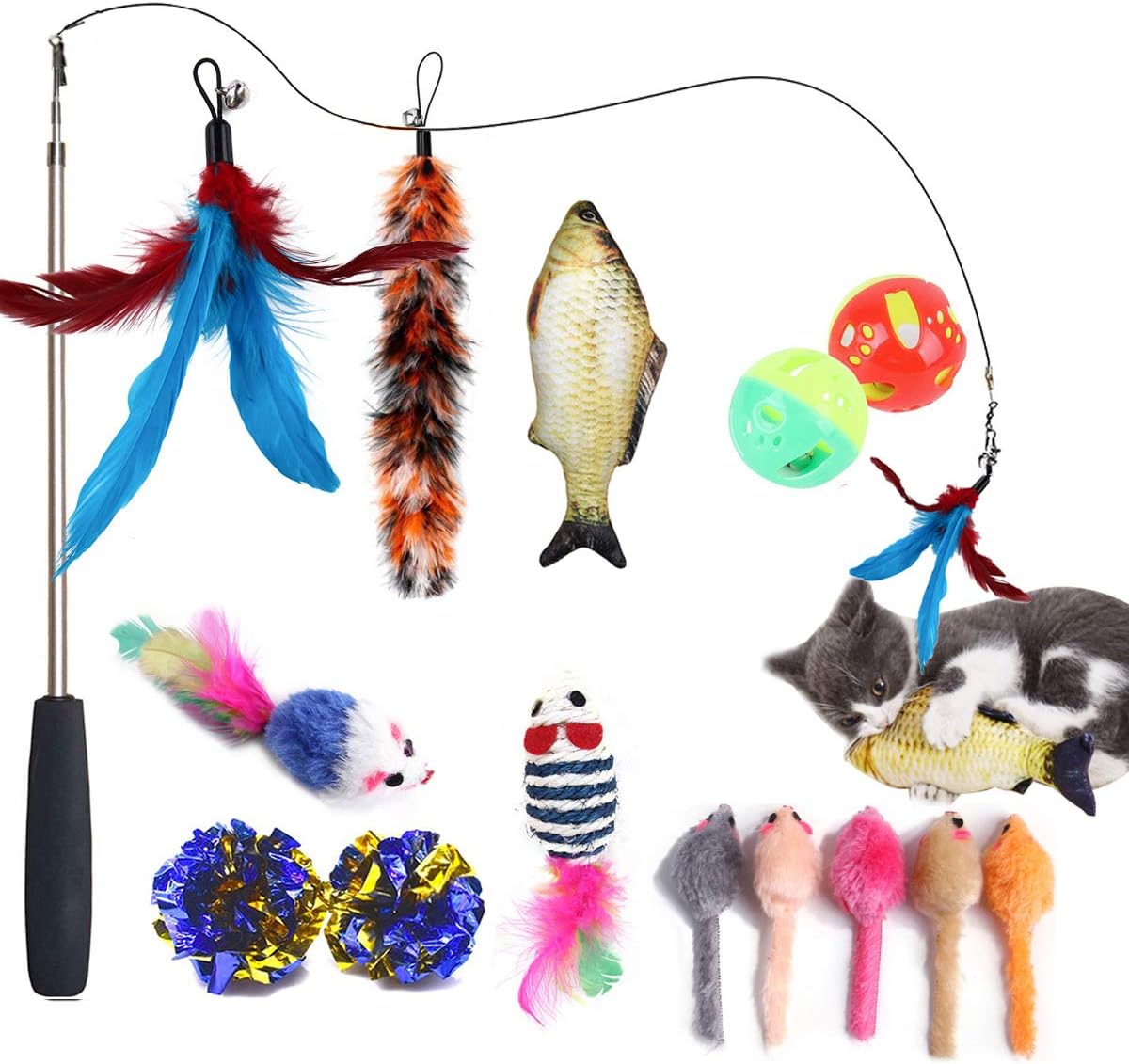 Cat Toys Interactive Cat Feather Wand, 15PCS Retractable Cat Toy Feather Teaser Cat Toy Cat Wand Feather Interactive Toys with Bells,…