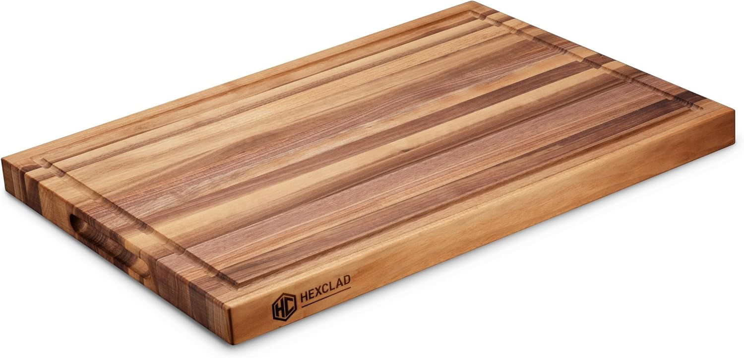 HexClad Large Walnut Cutting Board, Double-Sided with Juice Groove & Recessed Handles, Durable, Scratch-Resistant Hardwood, Great for Chopping, Carving & Serving, 13.75"x19.5"