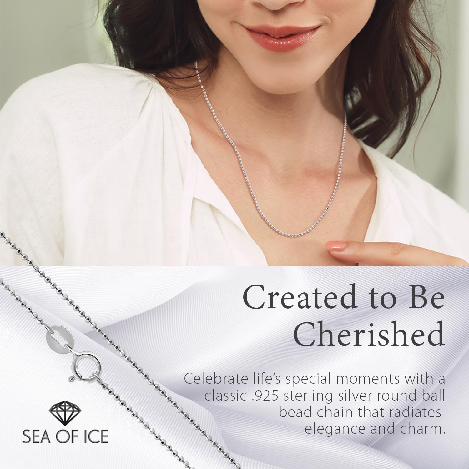 SEA OF ICE Sterling Silver 1mm Round Ball Bead Chain Necklace for women, Size 14" - 36" Italy