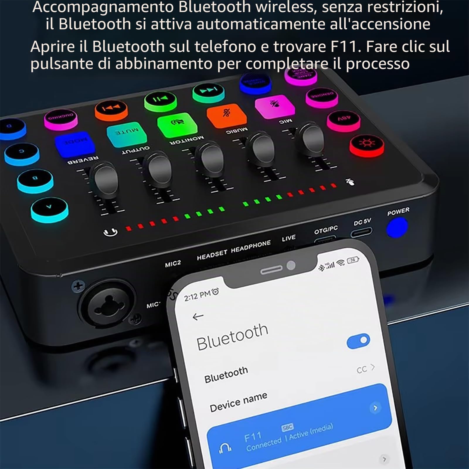 NEWFUN Mixer audio da gioco, streaming, audio mixer,Bluetooth, Include mixer audio e microfono BM800, mixer RGB per PC per lo streaming, controllo del volume per podcasting, registrazione e voce