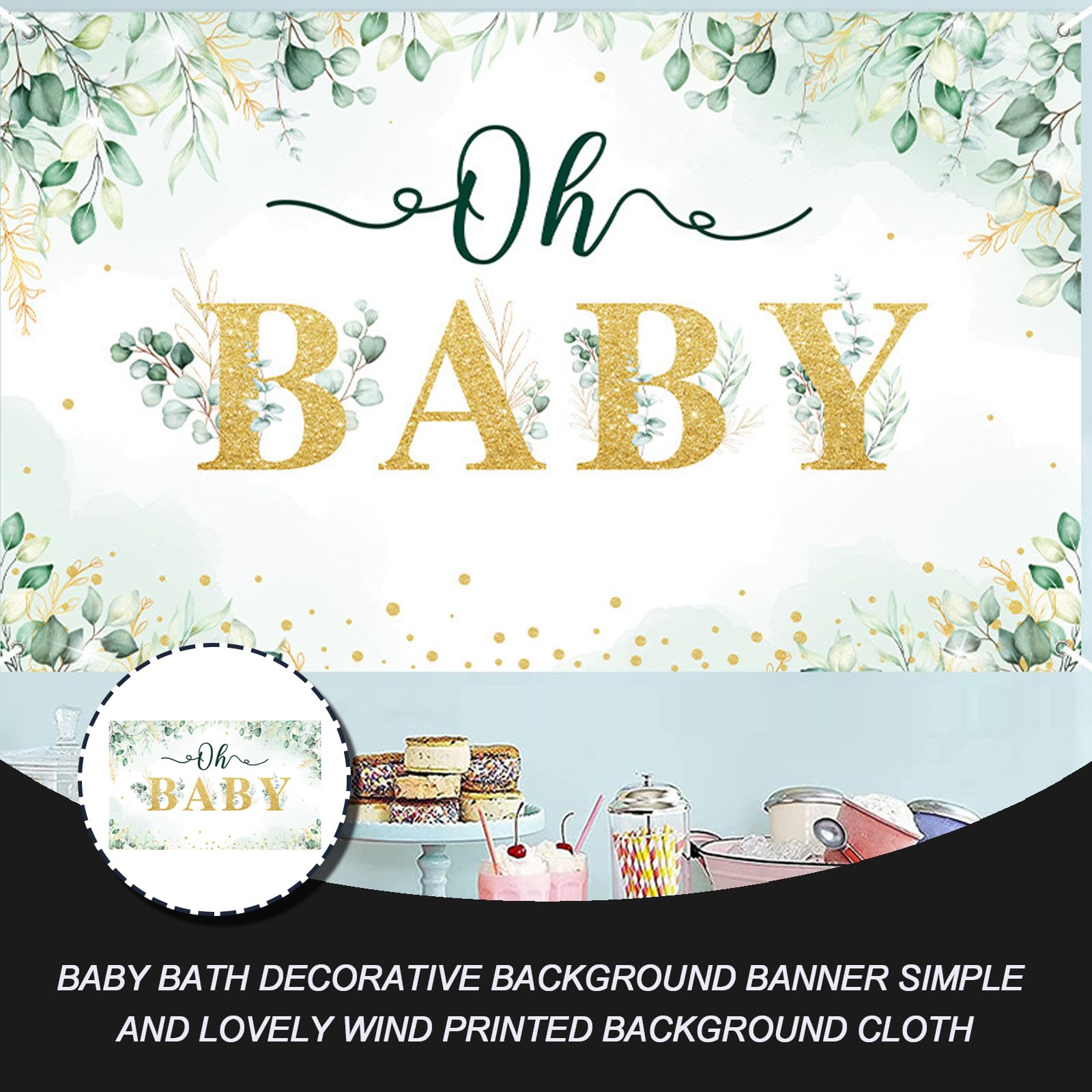 Baby Shower Backdrop Banner 1.8x1.1m Baby Shower Decorations Stunning Hello Baby Backdrop Gold Eucalyptus Greenery Leaves Gender Neutral Photography Background for Newborns Baby Showers - Image 3