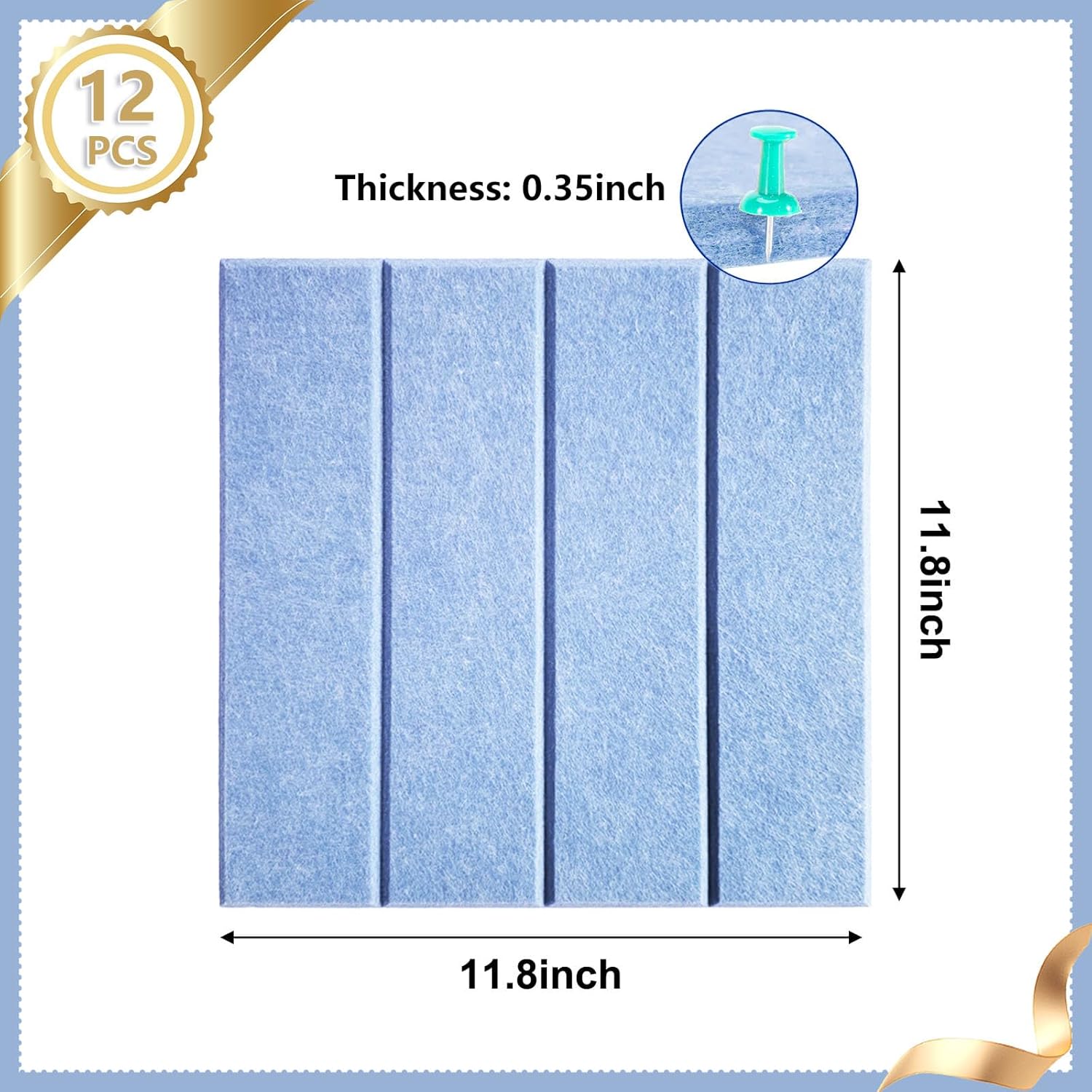 12 Packs Light Blue Felt Pin Board, Large 12" Bulletin Board with 30 Push Pins, Felt Board Slat Wall Paneling for Office Home Kitchen, Self-Adhesive Corkboard Tiles for Classroom Message Photos Memos