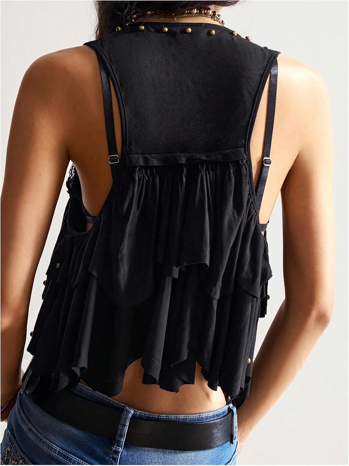 SHENHE Women's Summer Casual Tank Top Studded Sleeveless Tie Front Ruffle Tiered Vest Crop Tops - Image 3