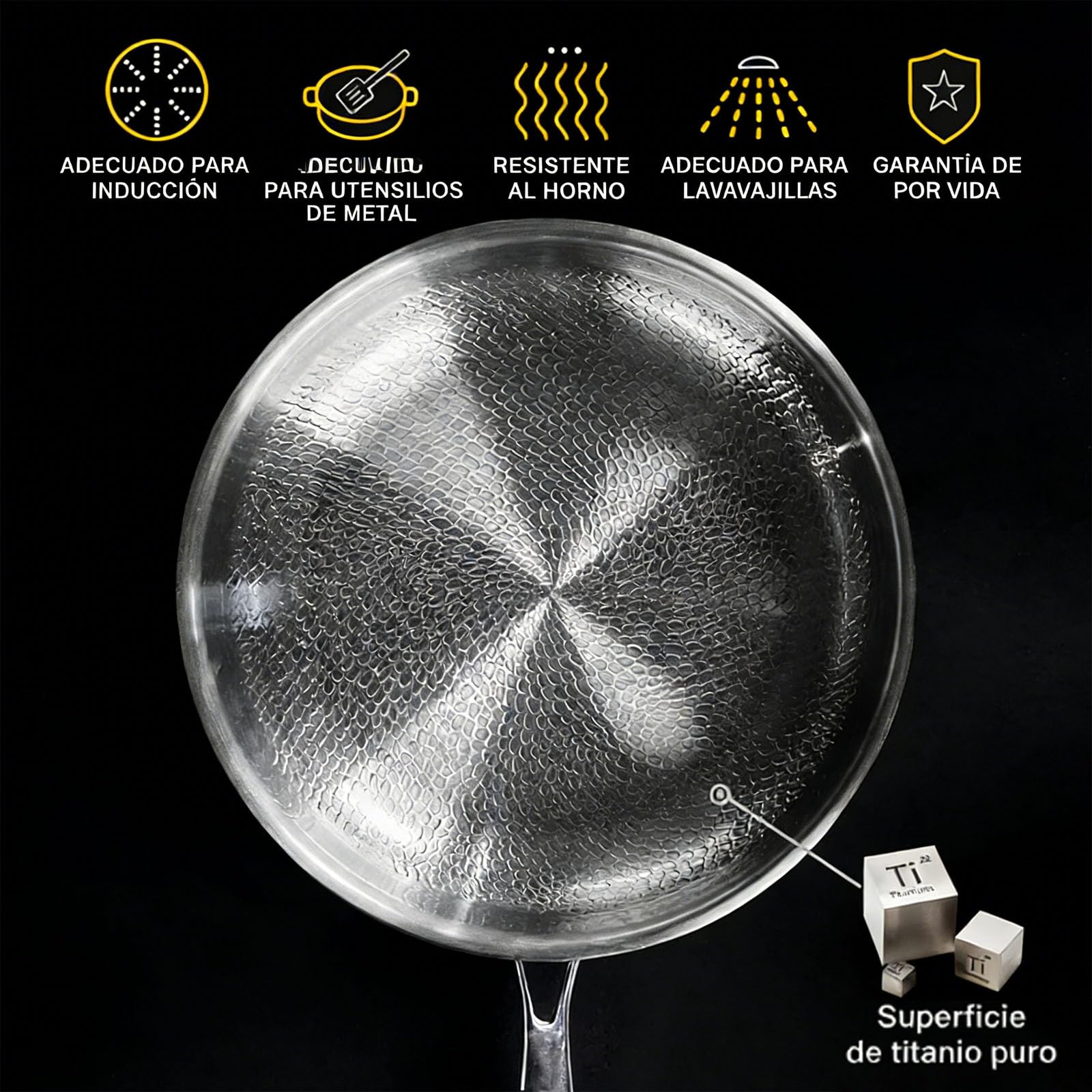 Mireve Sarten Acero 304, Mireve Sarten Titanio Puro, Sartén De Titanio Martillado, Resistente, Antiadherente, Apta Para Lavavajillas, Incluye Tapa Y Compatible Con Todas Las Placas (Sin Tapa, 22cm)
