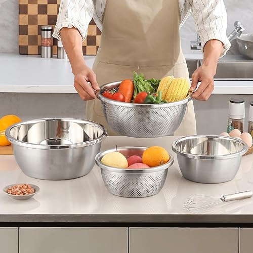 Miniatura 9 de Colador de acero inoxidable 304 con cuencos para mezclar, coladores y coladores de gran capacidad de 5 cuartos de galón para cocina, colador de